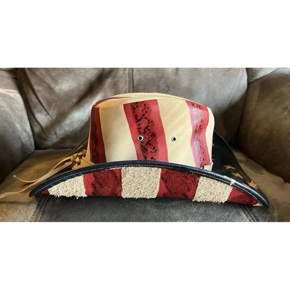 American Flag Cowboy Bull Hide Hat Star Brim Size Small - Picture 2 of 9